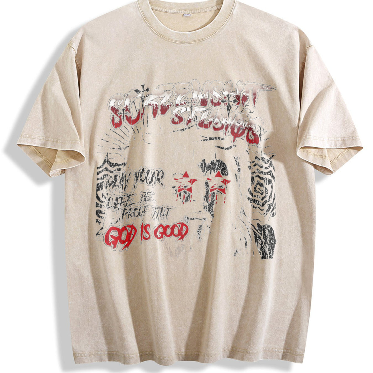 God Is Good Jesus Black Grunge Religious Vintage Washed T-Shirt - Beige
