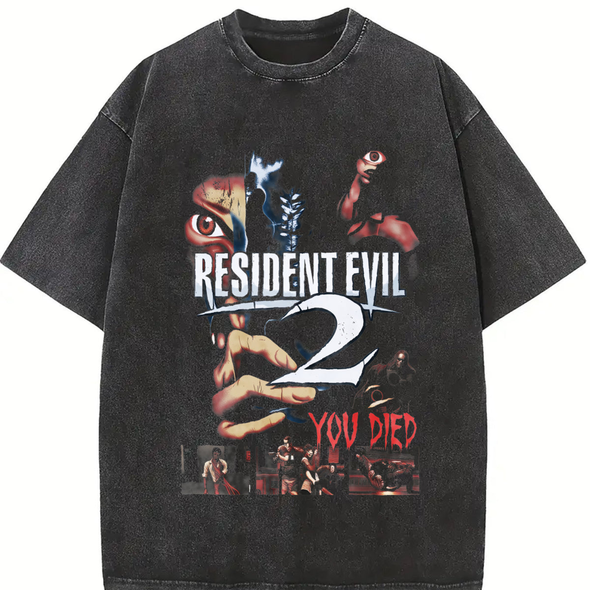 Resident Evil 2 You Died horror Game Washed Tshirt Oversize 2 Sided Cotton unisex soft graphic game movie Tops game acid wash merch shirt