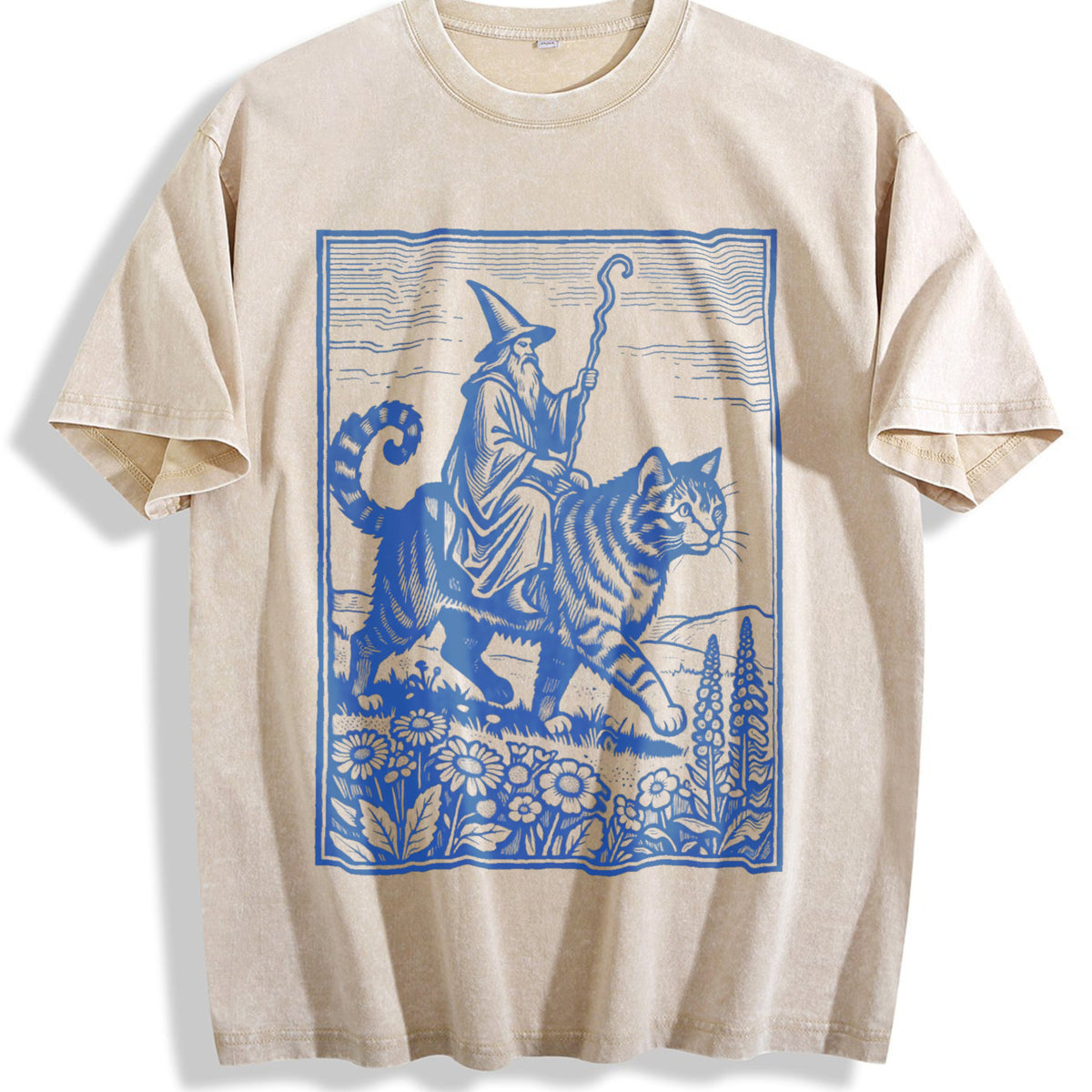 Wizard Cat Rider Vintage Washed T-Shirt - Beige