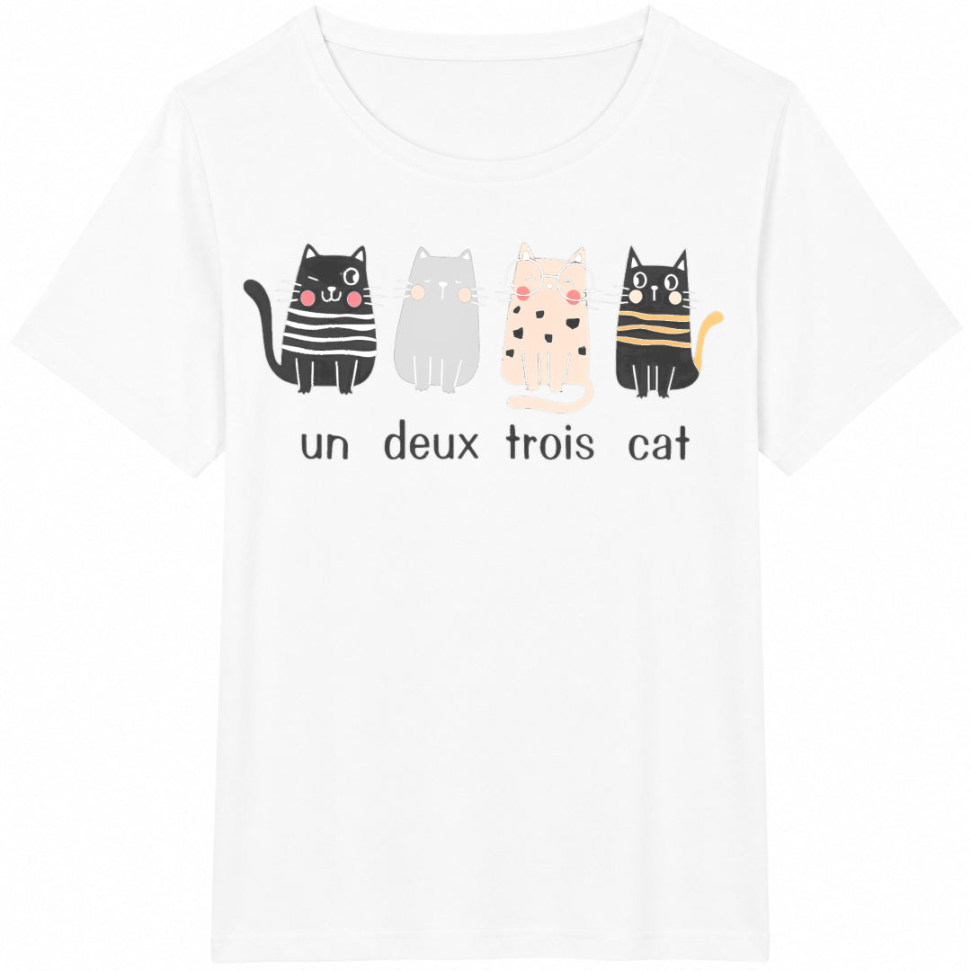 Four Cartoon Cats And French Text Cotton T-Shirt - product view