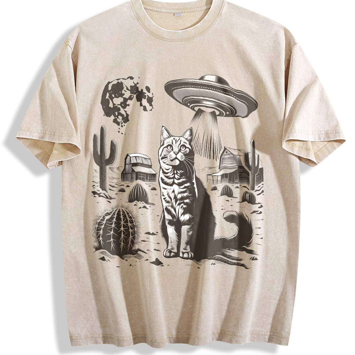 UFO Western Cat Vintage Washed T-Shirt - Beige