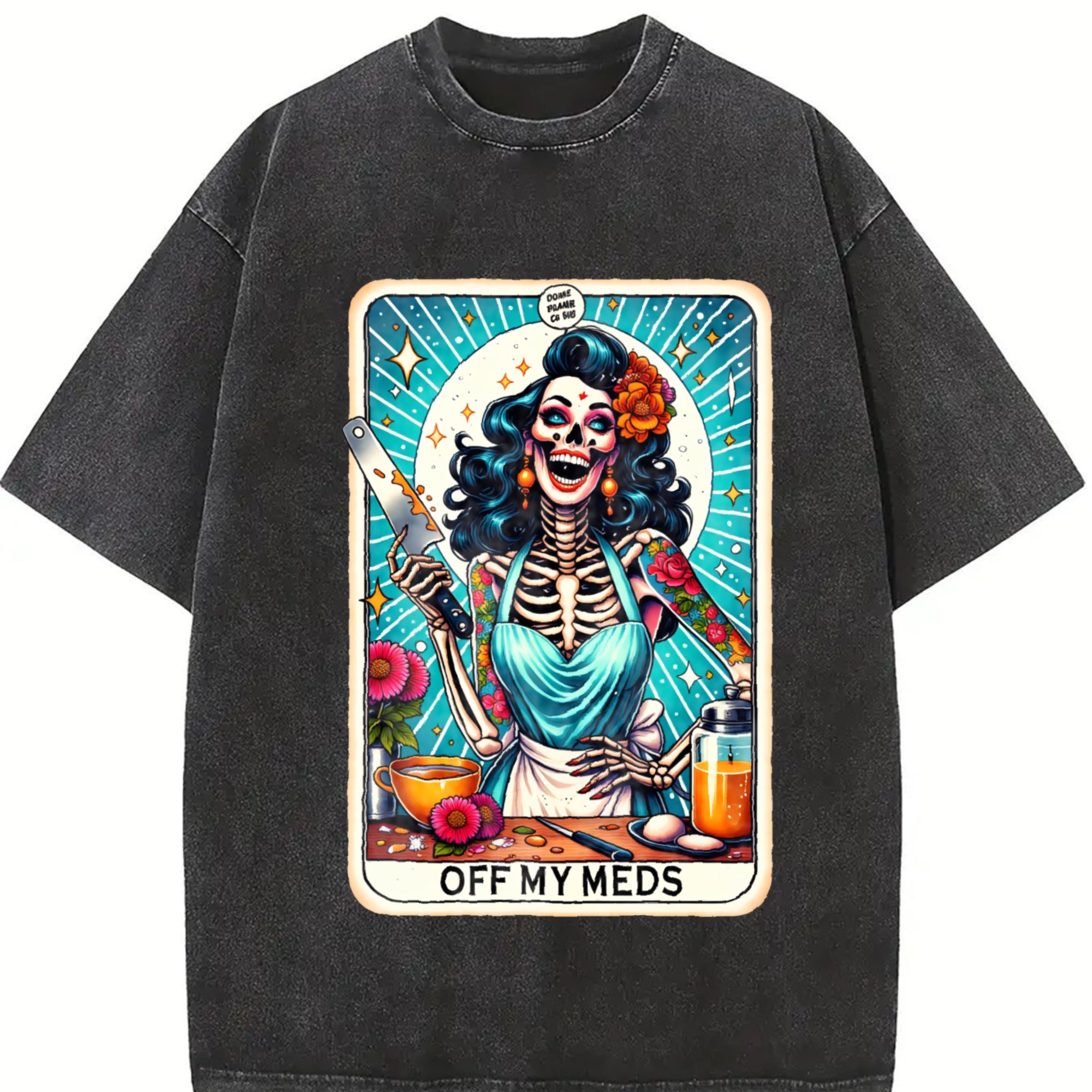 100% Cotton Unisex Off My Meds Unhinged Tarot Card Funny Graphic T-Shirt Casual Top