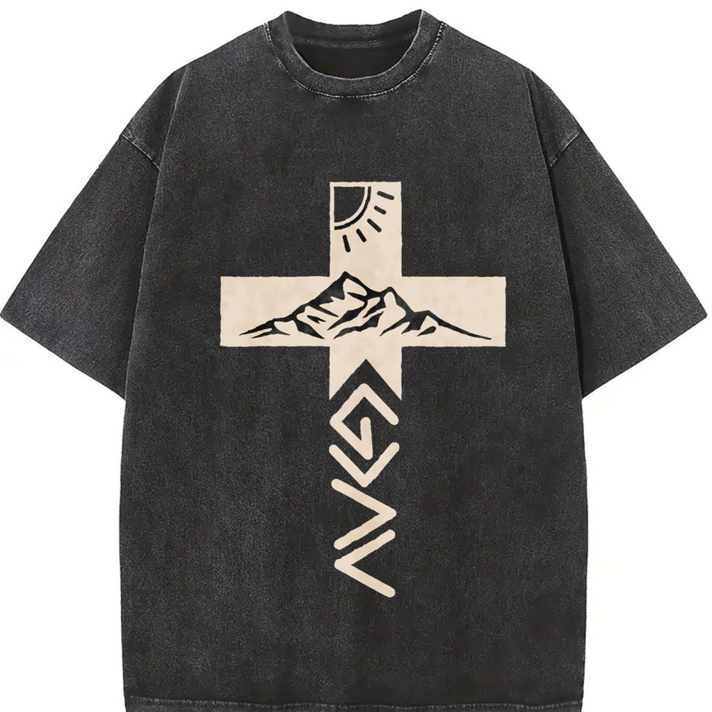 Retro Washed T-Shirt Double Sided Printed 230 Pure Cotton 'God Is Greater Than Our Highs And Lows' Letter Print Christian Gift Men's Casual Comfortable Fashionable Street Style Cotton Menswear Top