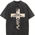 Retro Washed T-Shirt Double Sided Printed 230 Pure Cotton 'God Is Greater Than Our Highs And Lows' Letter Print Christian Gift Men's Casual Comfortable Fashionable Street Style Cotton Menswear Top