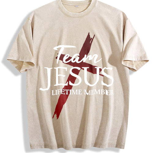 100 Christian God Faith Lifetime Member Team Jesus Vintage Washed T-Shirt - Beige