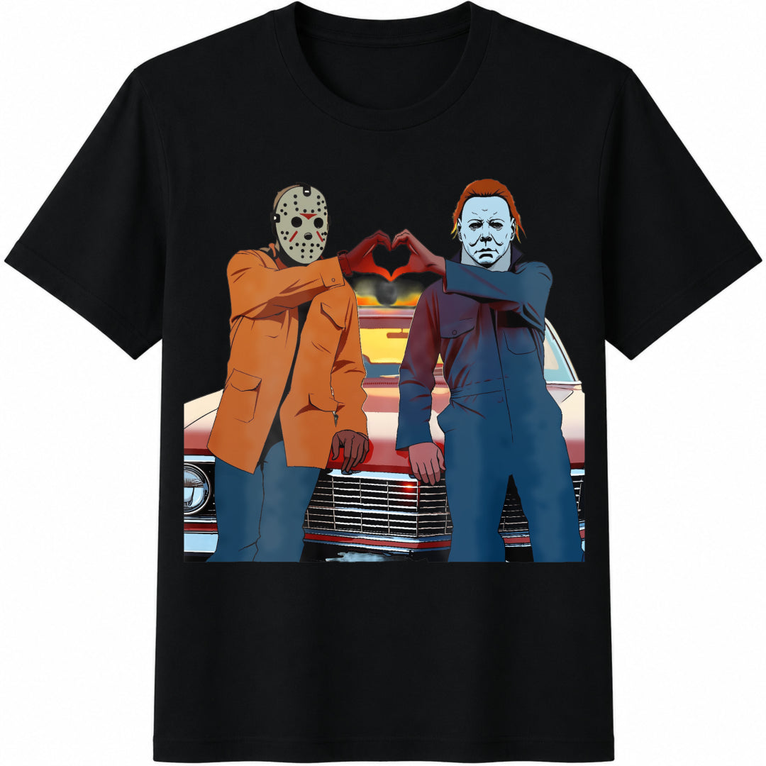 90s Horror Movie Michael And Jason Heart Hands Funny Halloween Cotton T-Shirt - Black