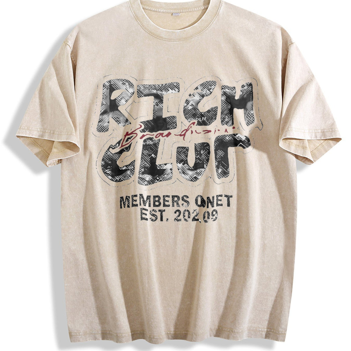 Rich Club Hip Hop Cartoon Vintage Washed T-Shirt - Beige