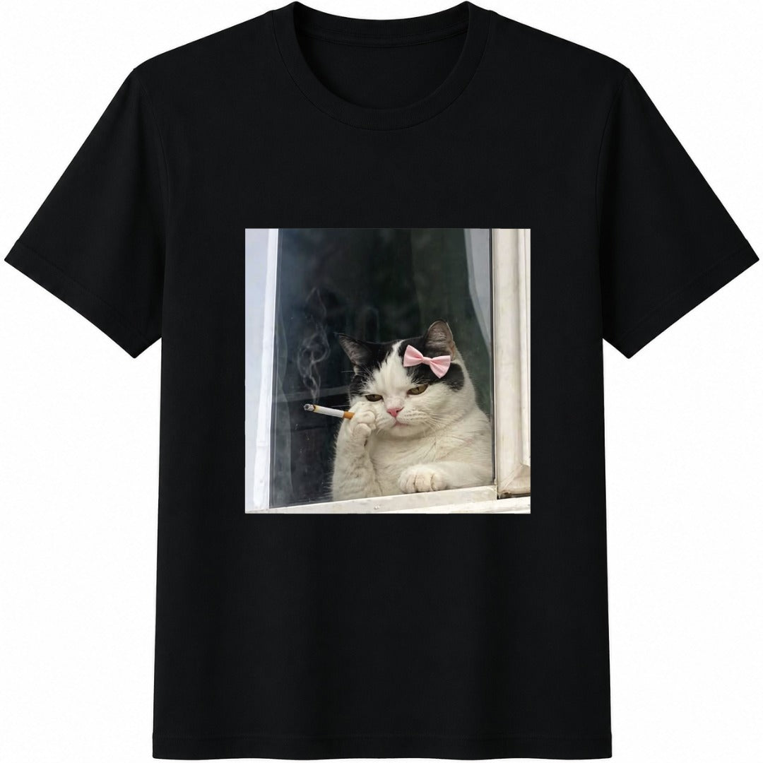 Funny Smoking Cat Cotton T-Shirt - Black