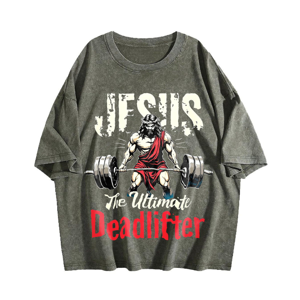Jesus The Ultimate Deadlifter Gym Vintage Washed T-Shirt - product view