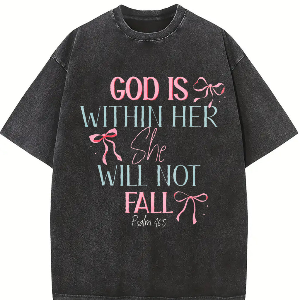 230g Washed Cotton T-Shirt - Dual-Sided Inspirational Design "GOD IS WITHIN HER SHE WILL NOT FALL" & Psalm 46:5, Retro Vintage Loose Fit Unisex Top for Men & Women, Spring Summer Casual Wear