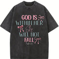 230g Washed Cotton T-Shirt - Dual-Sided Inspirational Design "GOD IS WITHIN HER SHE WILL NOT FALL" & Psalm 46:5, Retro Vintage Loose Fit Unisex Top for Men & Women, Spring Summer Casual Wear