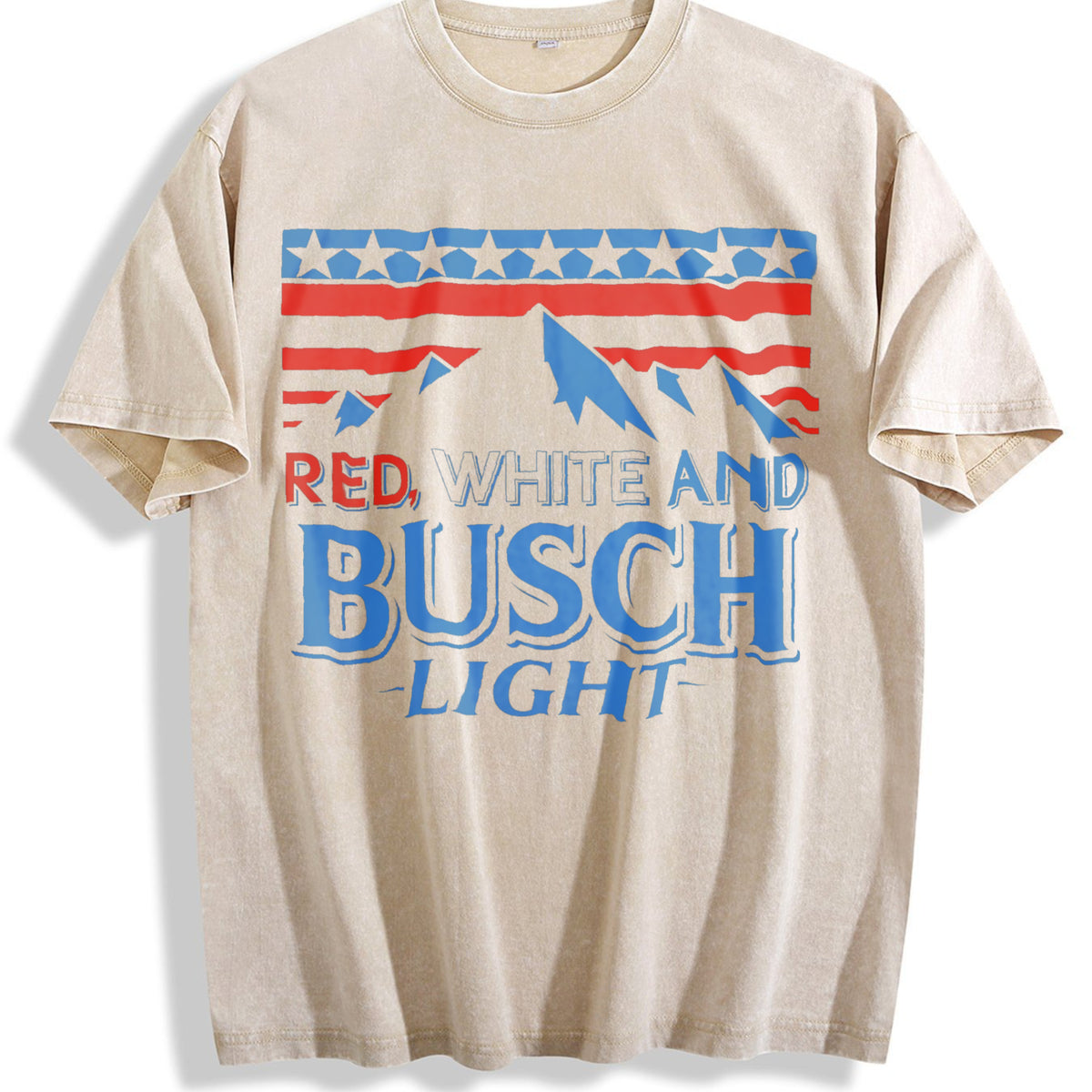 Red White And Busch Light American Flag Mountain Side Vintage Washed T-Shirt - Beige