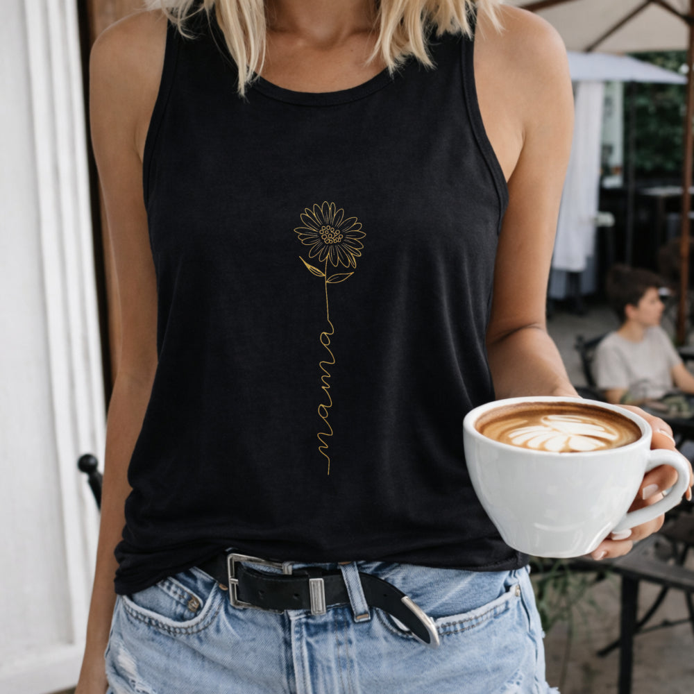 Mother's Day - Vibrant Orange Mama Letter & White Floral Women's Tank Top - Black