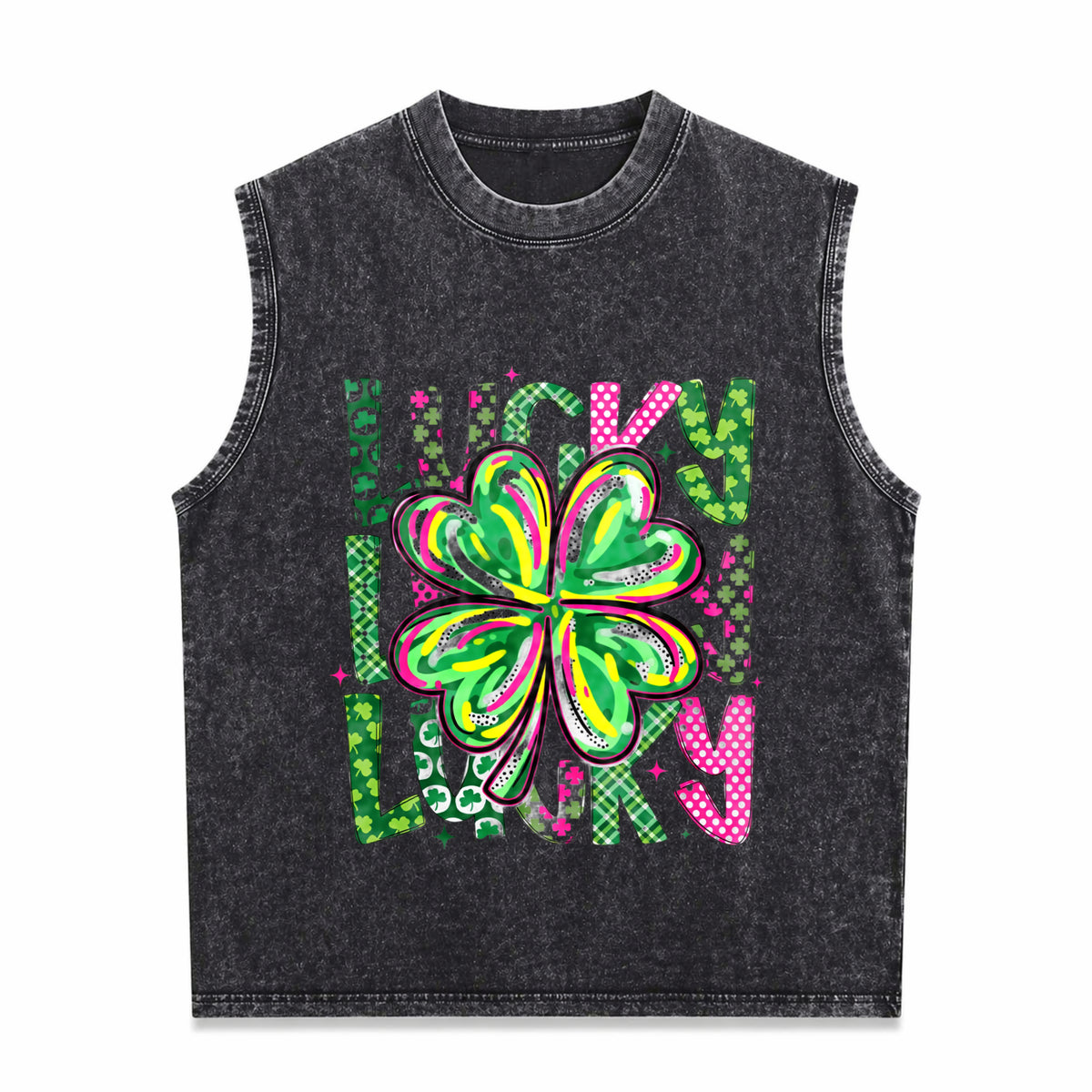 Lucky Shamrock St Patrick's Day Men's Washed Tank Top - Black