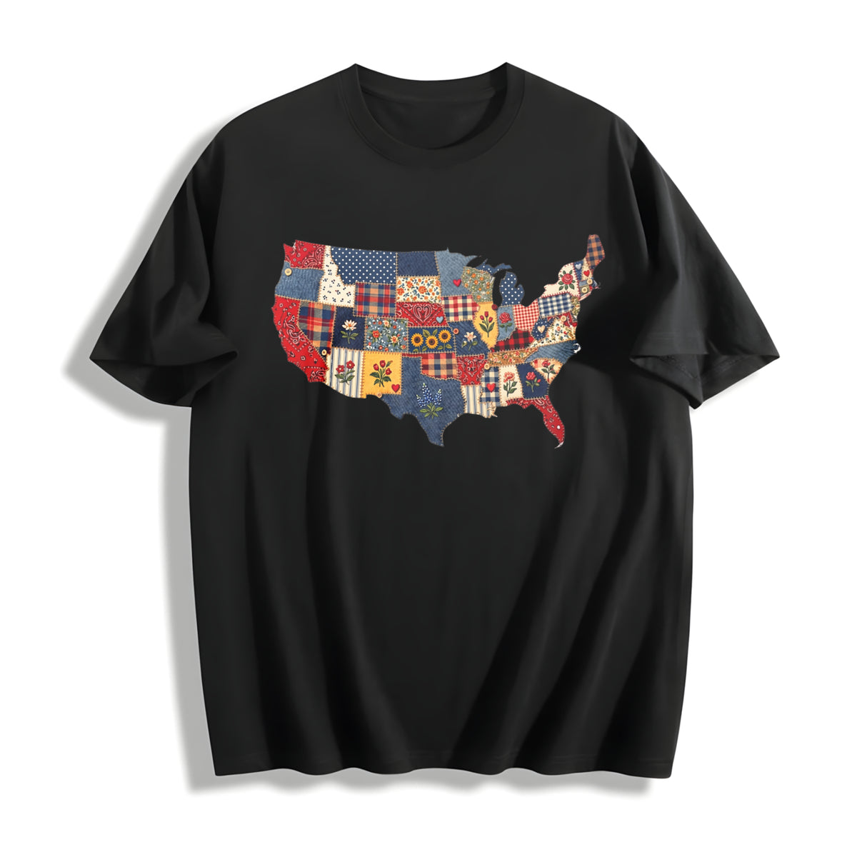 Patchwork USA Cotton T-Shirt - Black