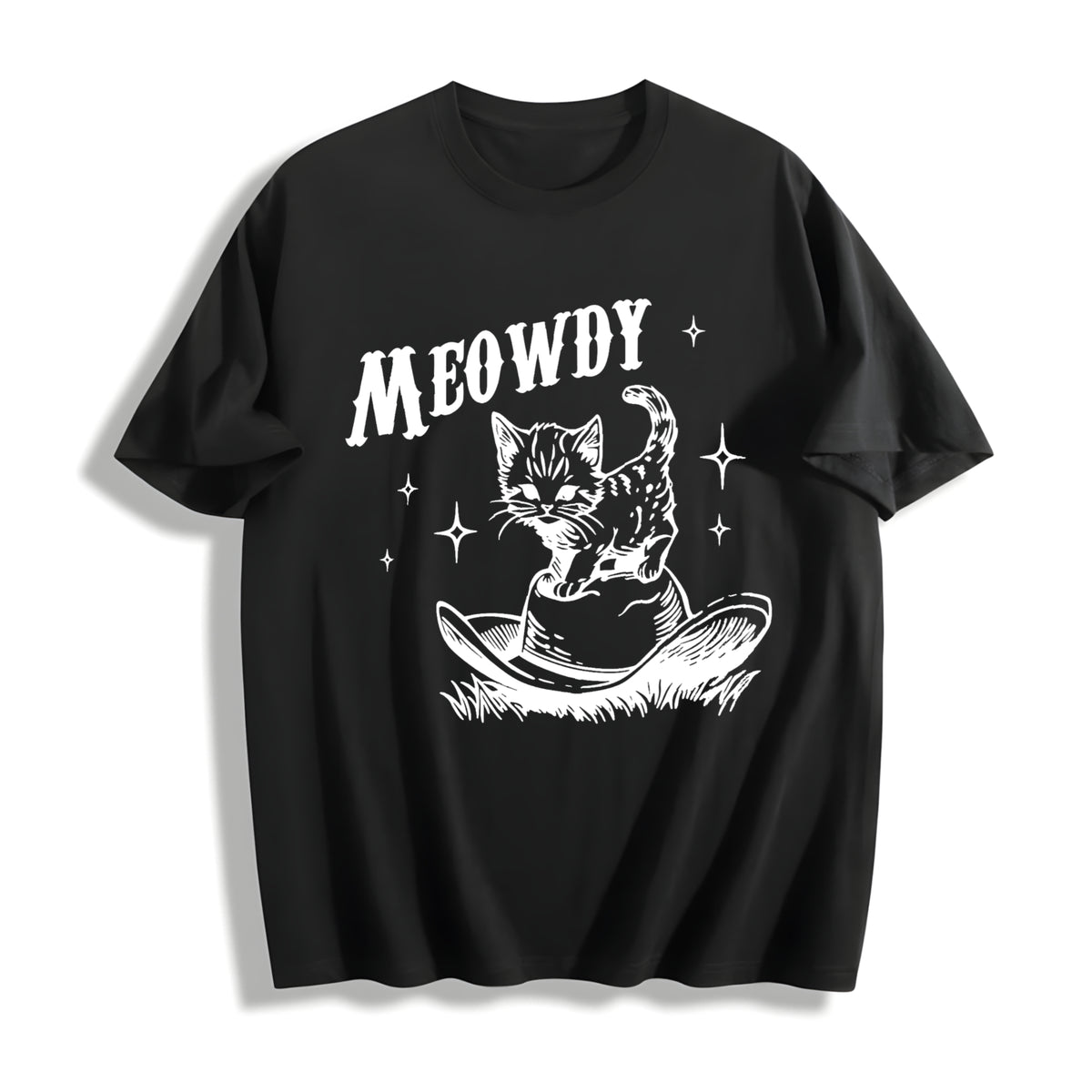 Cute Meowdy Cowboy Cotton T-Shirt - Black