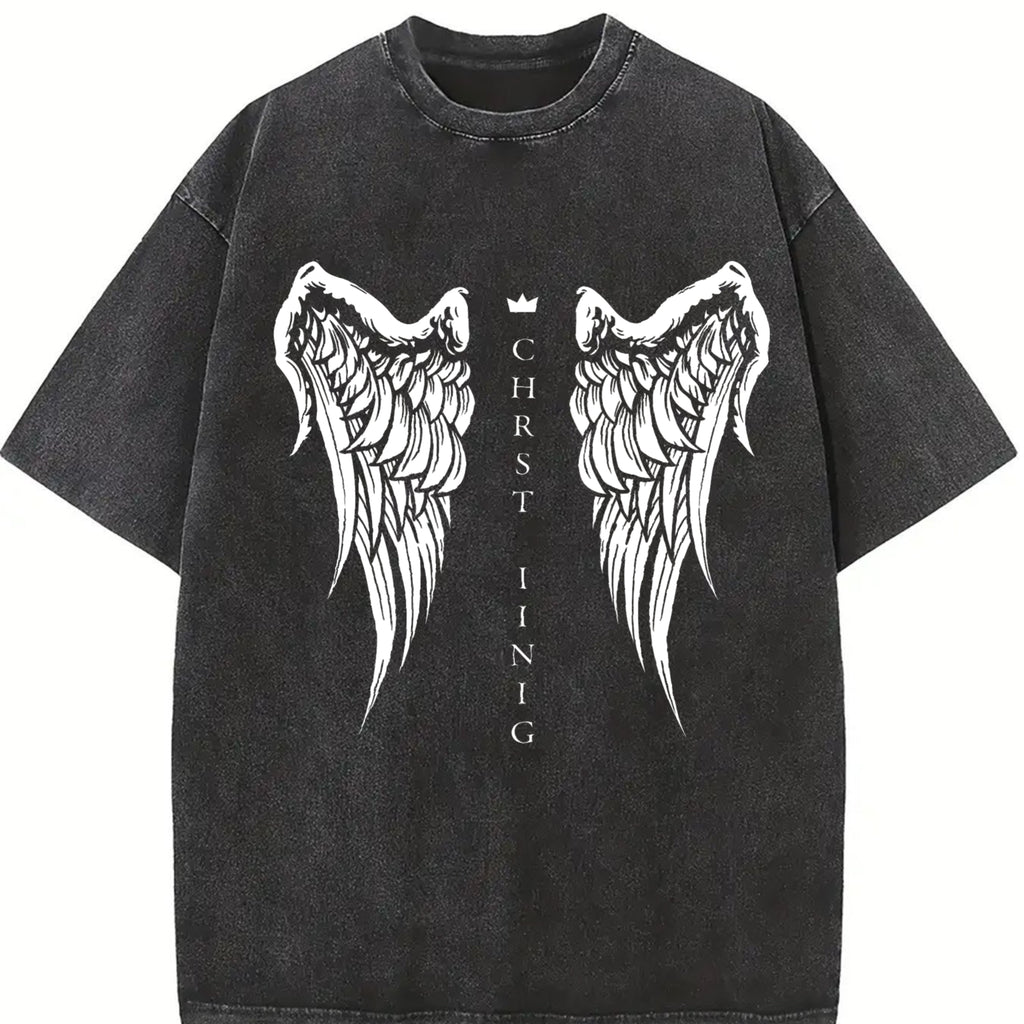 valentine shirts Christ Is King T-Shirt | Vintage Angel Wings Graphic Tee | Oversized Washed Christian Streetwear