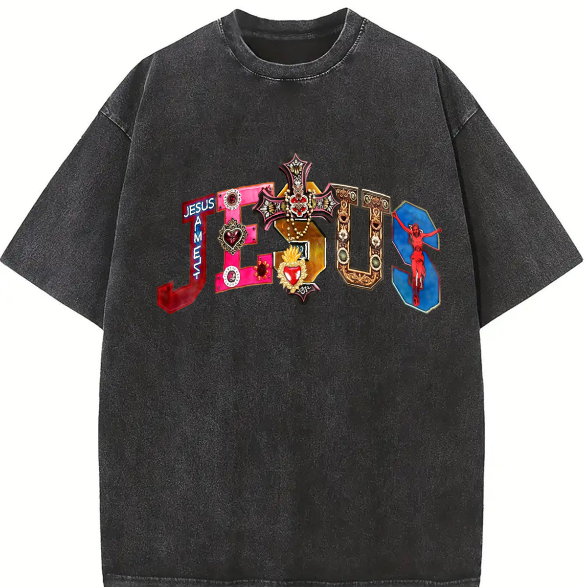 Jesus Colorful Cross & Gem Cropped Vintage Washed T-Shirt - product view