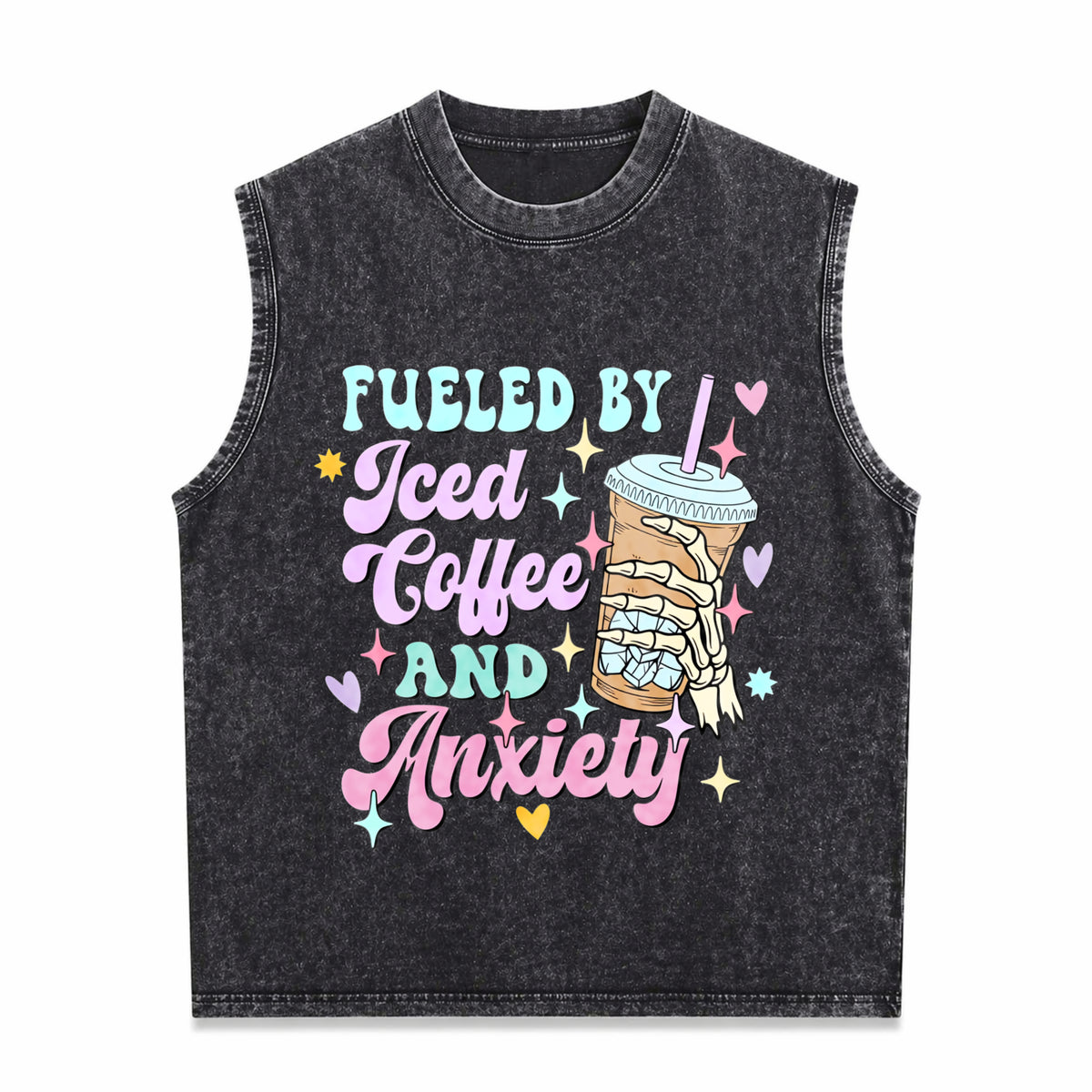 Fueled By Iced Coffee And Anxiety Funny Coffee Lover Men's Washed Tank Top - Black