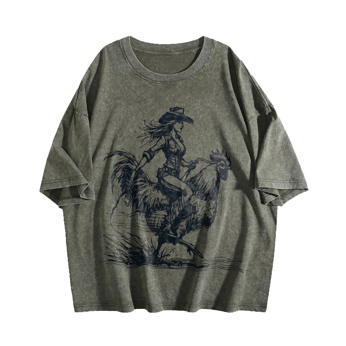 Funny Cowgirl Riding Chicken 90s Vintage Washed T-Shirt - product view