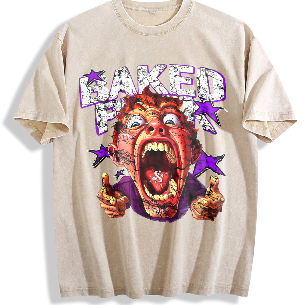 Funny Cartoon Face Vintage Washed T-Shirt - Beige