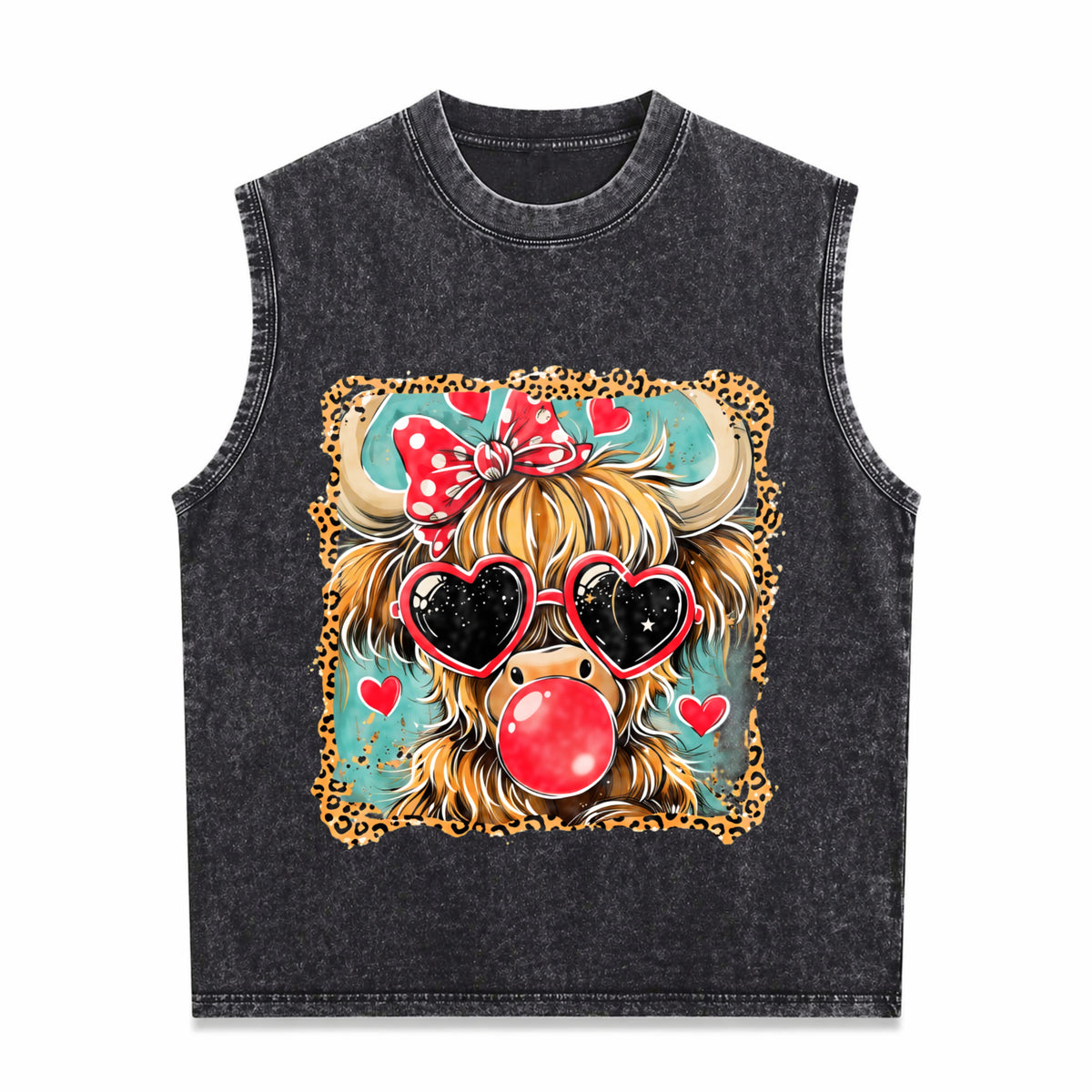 Highland Cow Valentine Coquette Valentine Heart Leopard Men's Washed Tank Top - Black