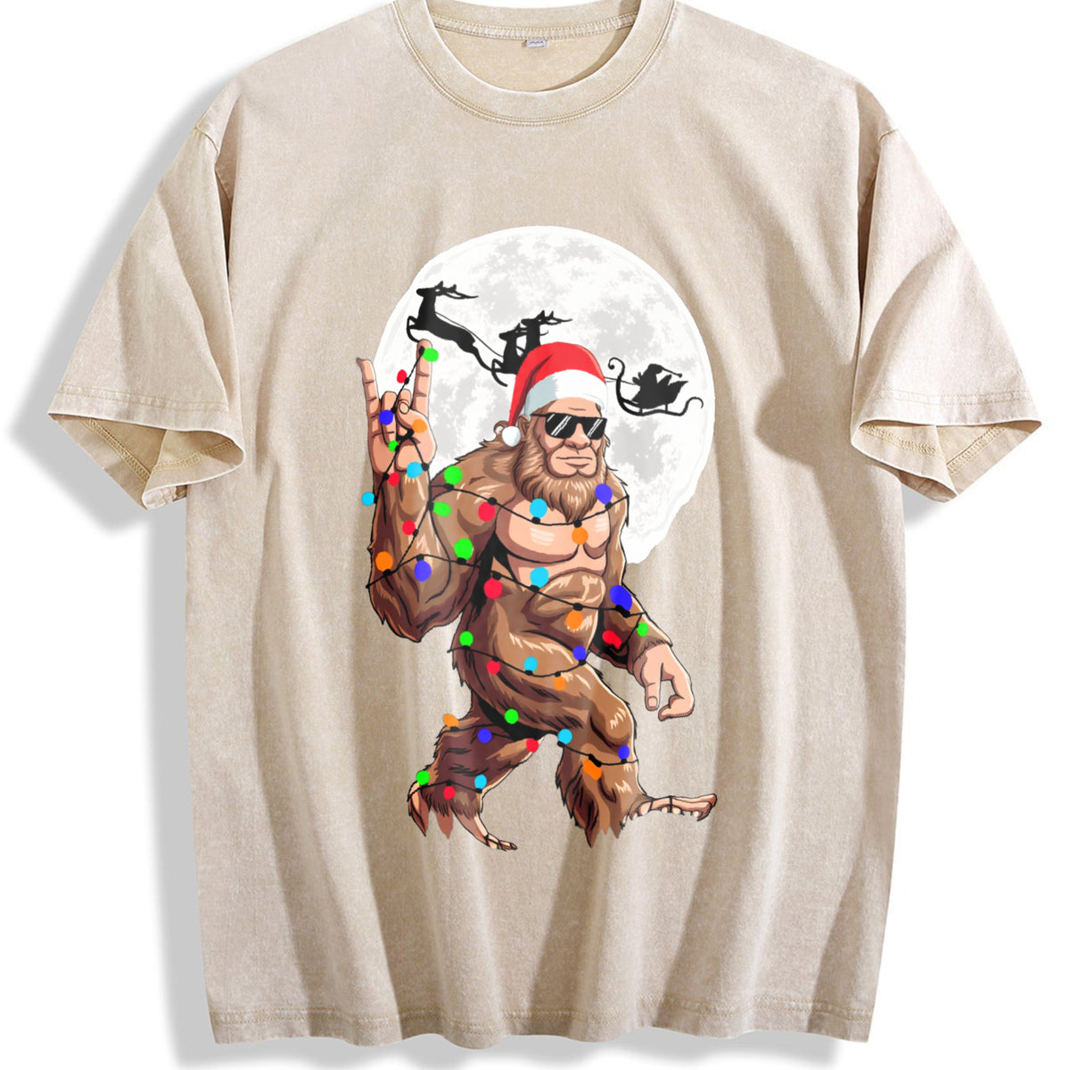 Funny Bigfoot Claus Christmas Vintage Washed T-Shirt - Beige