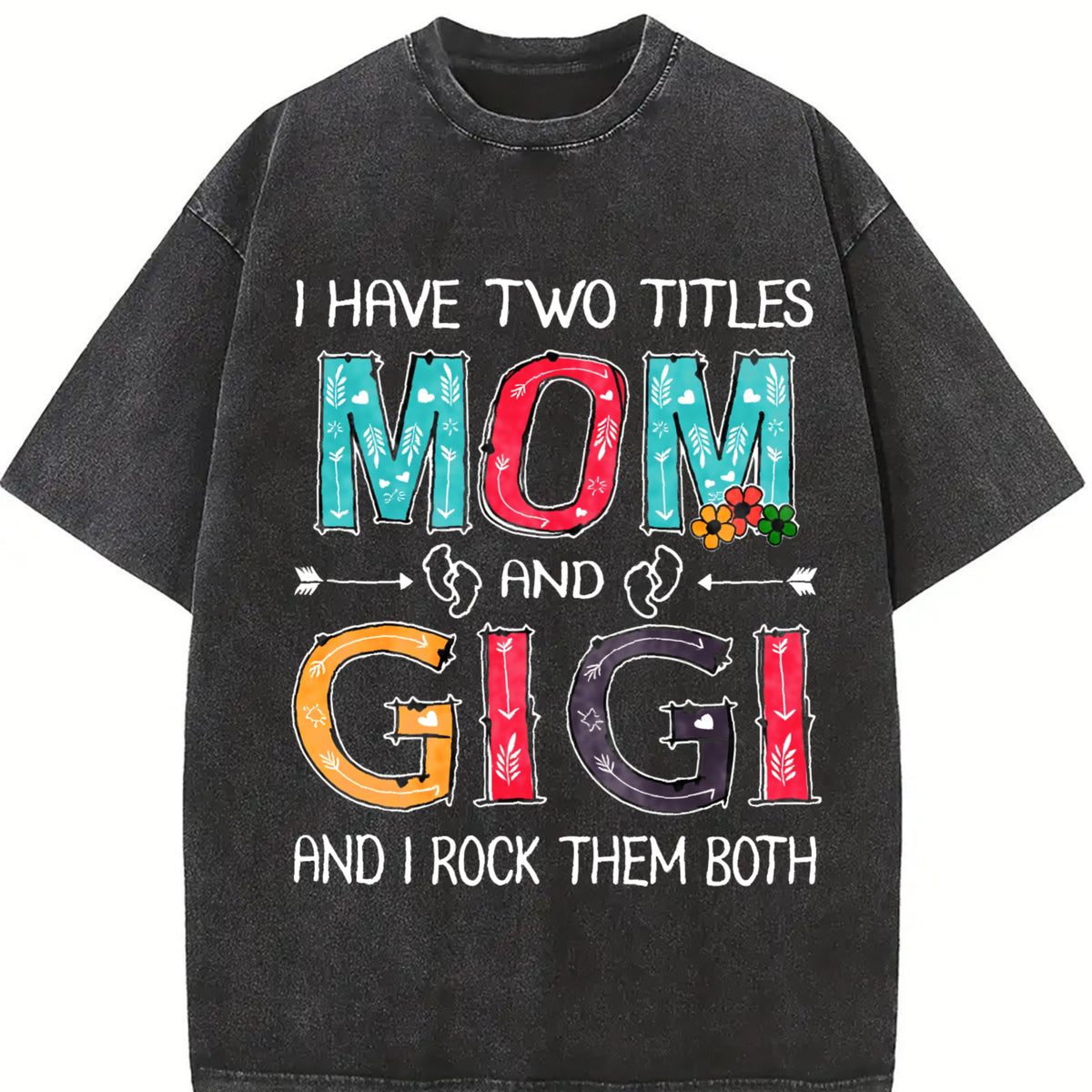 Women's Funny "I Have Two Titles: Mom & Gigi" Graphic T-Shirt - Soft Breathable 100% Cotton Oversized Tee with Floral Accents, Mother's Day Gift, Casual Short Sleeve Round Neck Top for Spring Summer Fall, Ladies T Shirts