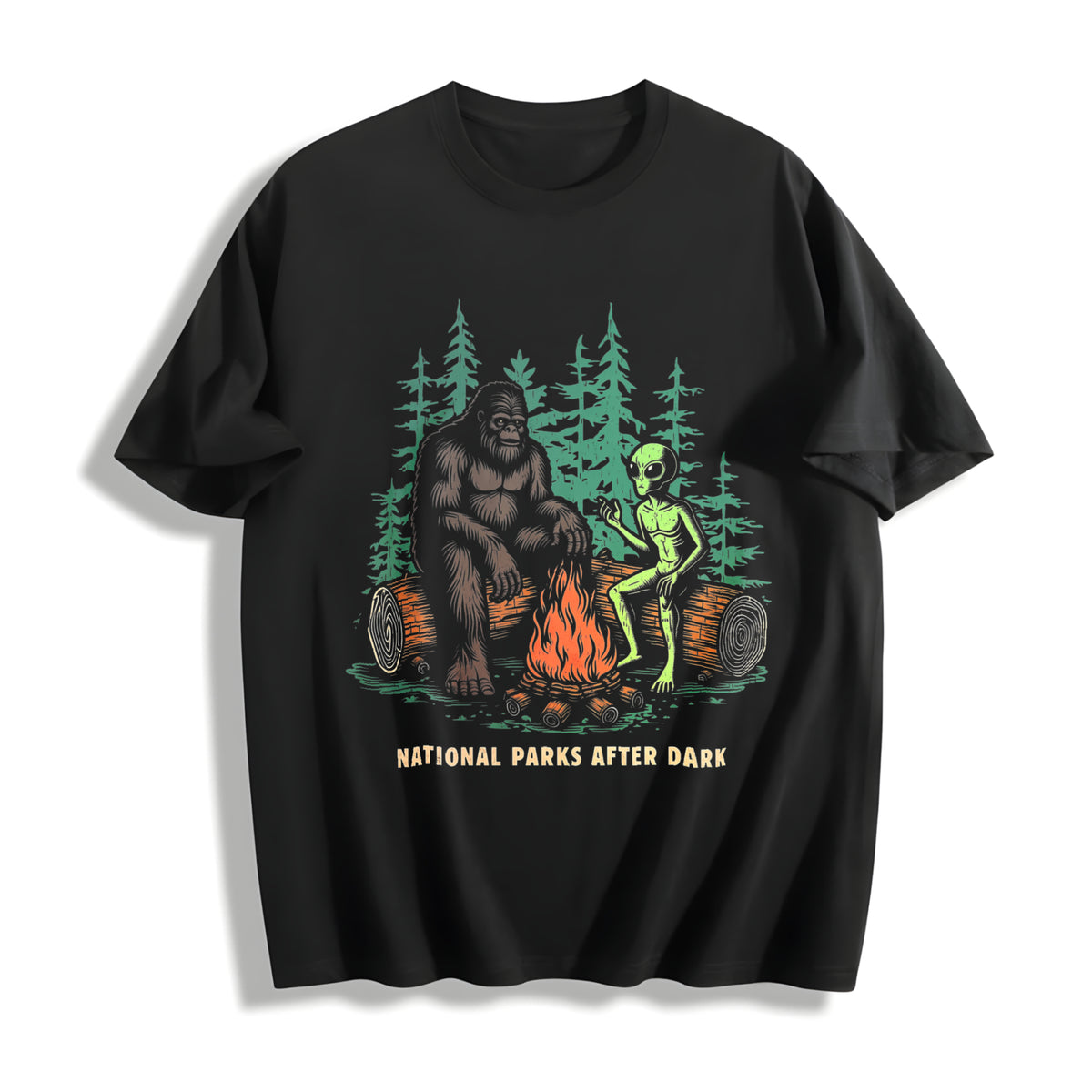 Funny National Parks After Dark Sarcastic Bigfoot Alien Cotton T-Shirt - Black