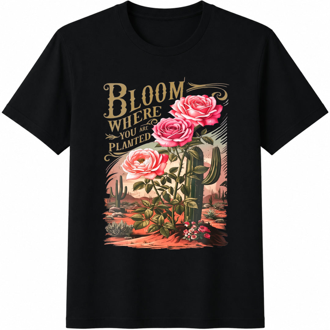 Summer Floral Desert Leisure Cotton T-Shirt - Black