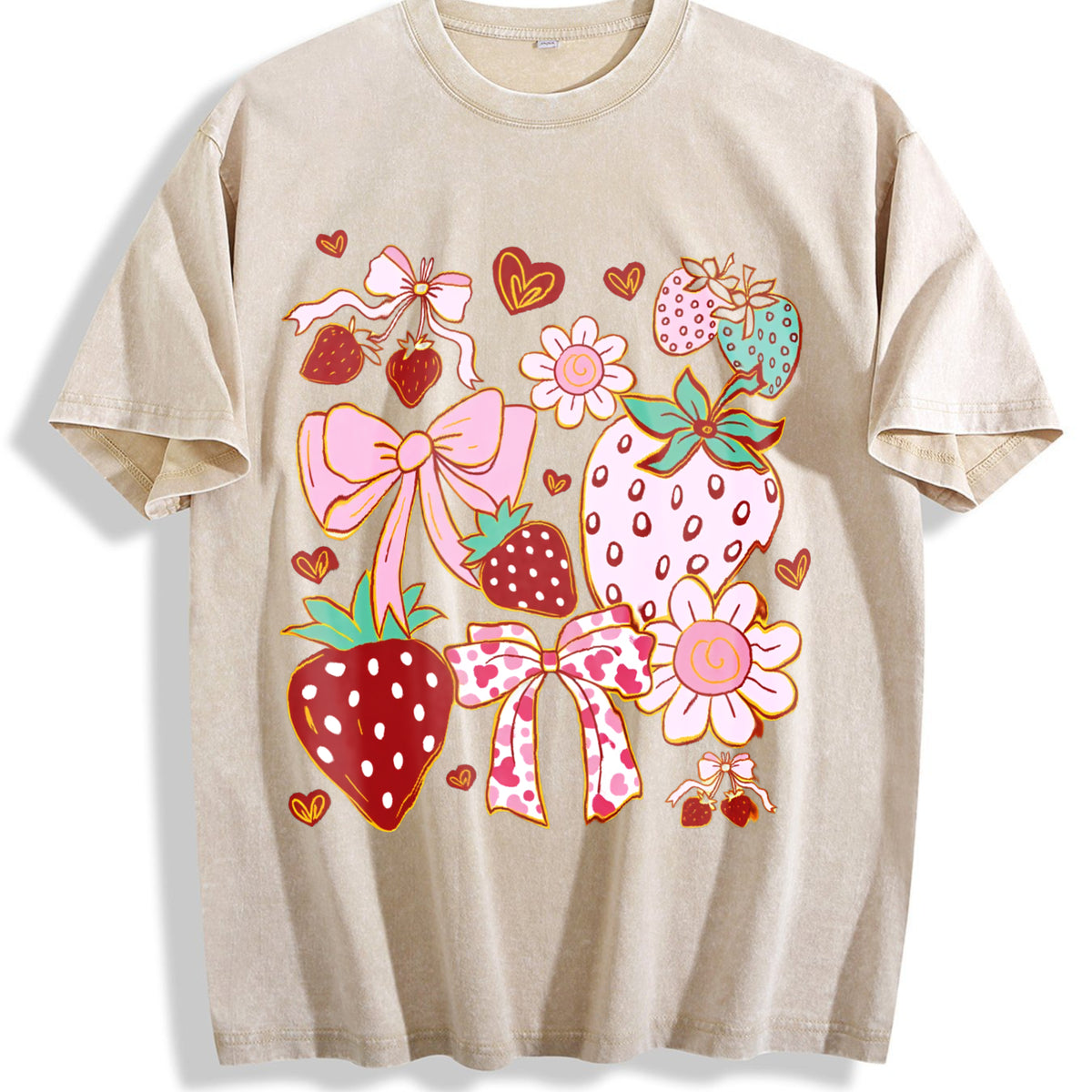 Boho Strawberry Coquette Vintage Washed T-Shirt - Beige
