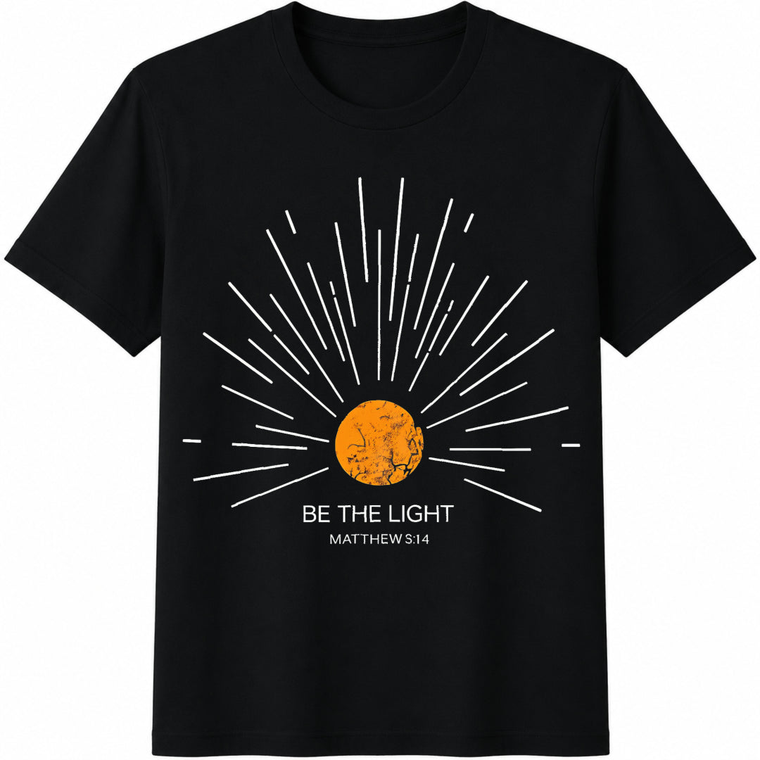Be The Light Mathew 5 14 Sunburst Bible Verse Christian Cotton T-Shirt - Black