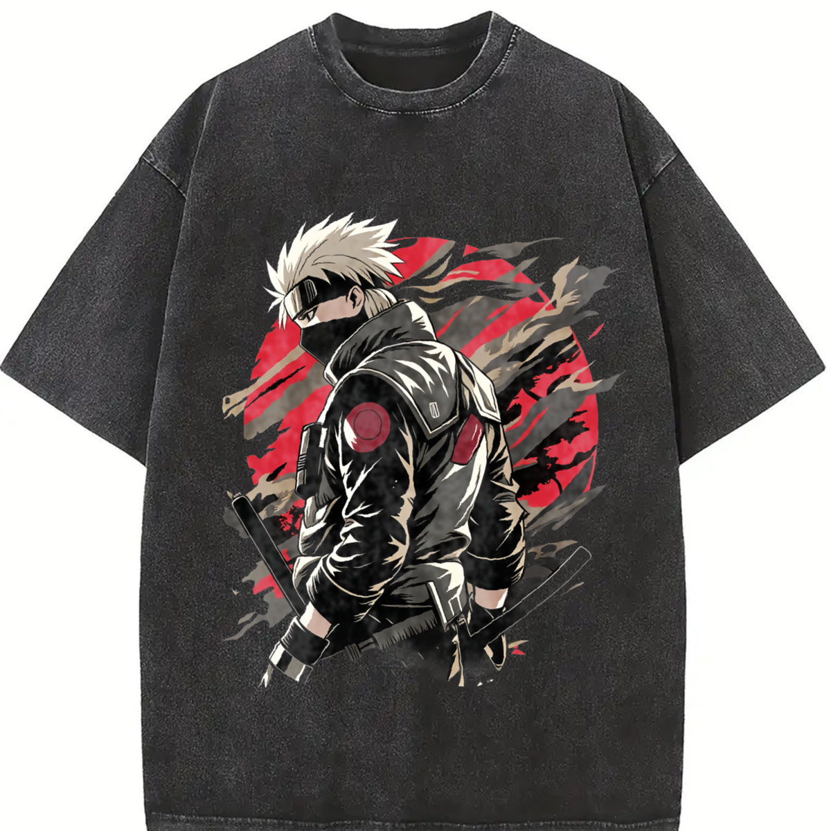 ANBU Kakashi Naruto Double Printed Vintage Washed Tee, Unisex Oversized Heavyweight Cotton T-shirt for Anime Fans