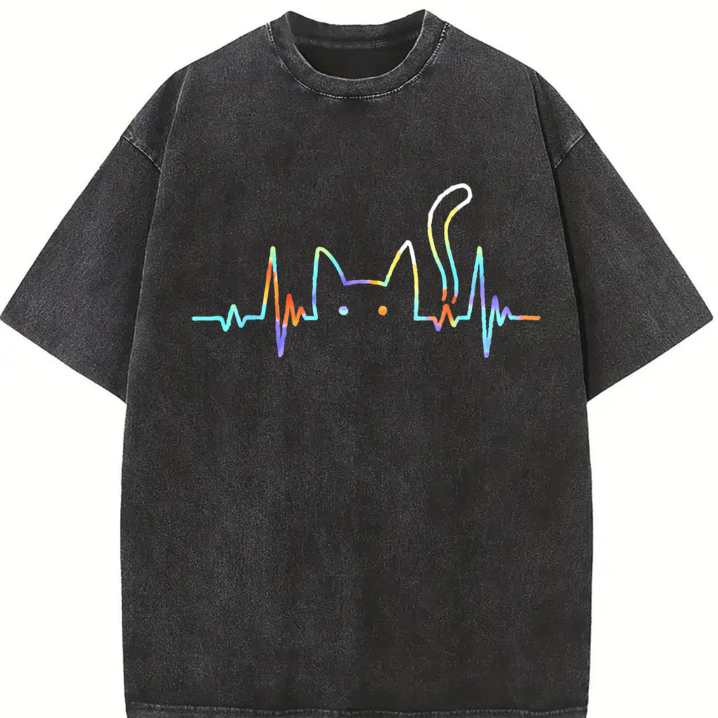 100% Cotton Unisex Heartbeat Cat Lover Animal Silhouette Cute Cat T-Shirt Casual Top