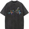 100% Cotton Unisex Heartbeat Cat Lover Animal Silhouette Cute Cat T-Shirt Casual Top