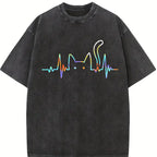 100% Cotton Unisex Heartbeat Cat Lover Animal Silhouette Cute Cat T-Shirt Casual Top