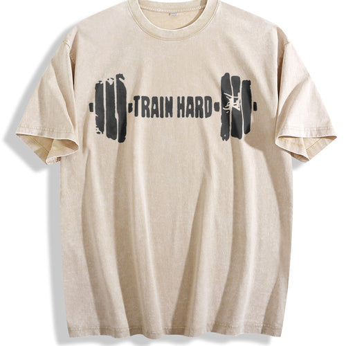 100 Black - Gym With Dumbbell & Geometric Vintage Washed T-Shirt - Beige