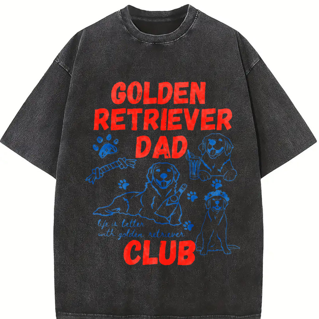 Golden Retriever Dad Club Unisex Fit Washed T-Shirt Regular Fit Casual Comfort Breathable Short Sleeve Funny T-shirts for Summer Fashion Men&Women's Top for Daily Wear 121201