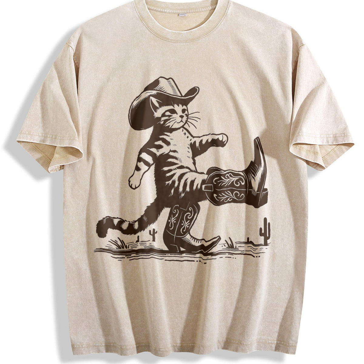 Cowboy Cat Vintage Washed T-Shirt - Beige