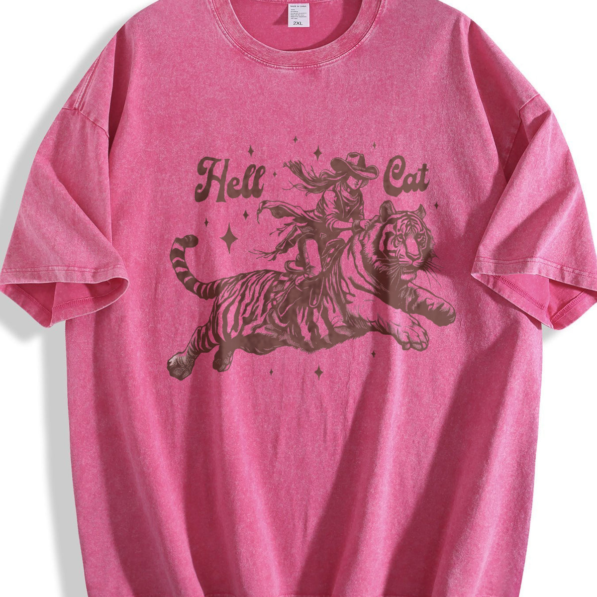 Hell Cat Cowgirl Riding Tiger Vintage Washed T-Shirt - product view
