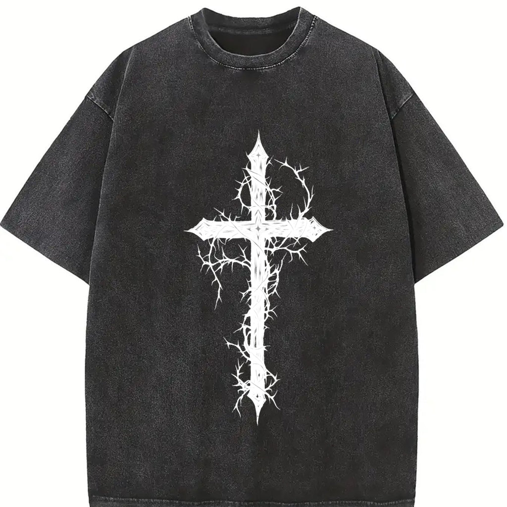 Thorn Cross Gothic Cross T-shirt Washed Biblical Cross Art Tee Jesus Tshirt , Cross Tee, Christian Apparel Streetwear Menswear Oversized Top Men and Women Bible Verse Church Outfit Gym Pump Cover