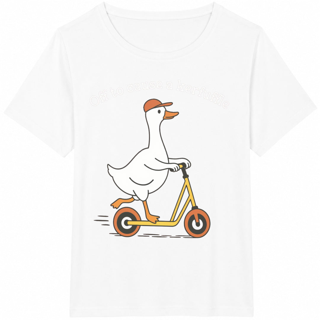 Off To Cause A Kerfuffle Funny Goose Scooter Silly Duck Animal Cotton T-Shirt - product view