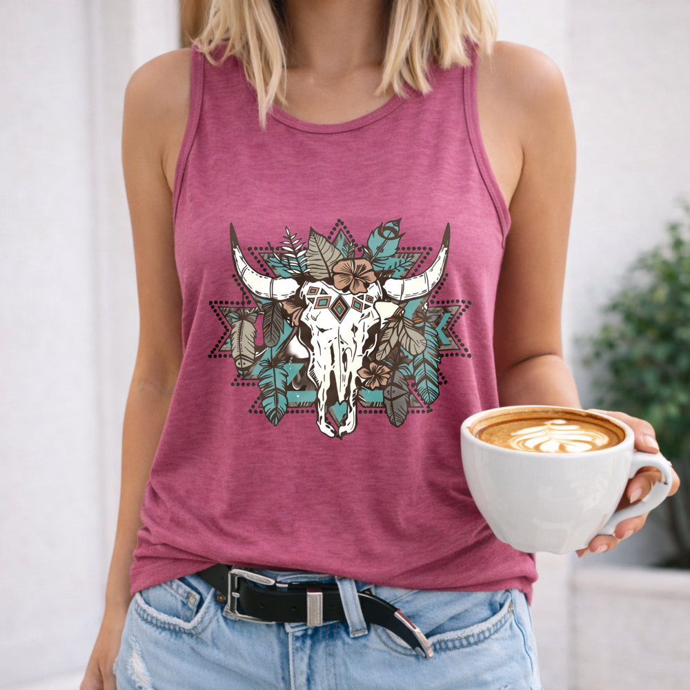 Western & Cartoon Cow Skull Women's Tank Top - product view
