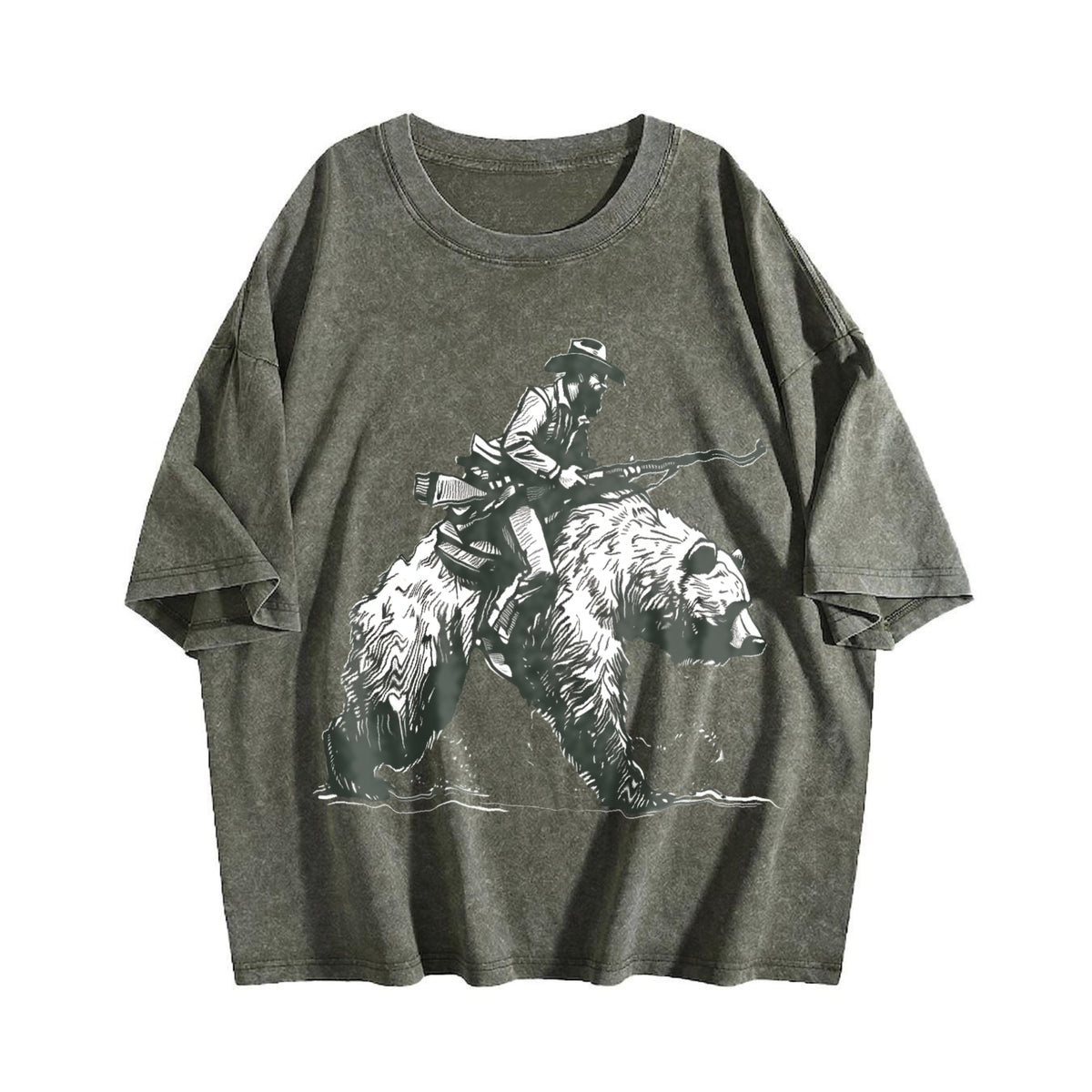 Lumberjack Cowboy Riding A Bear 90s Vintage Washed T-Shirt - product view