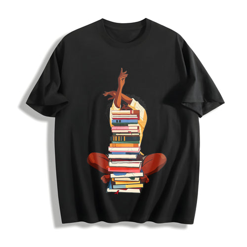 100 Black Woman And Books Stack Afro Girl Book Lover Cotton T-Shirt - Black