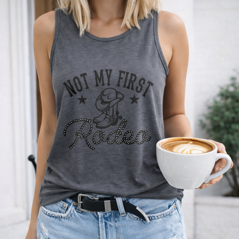 Not My First Rodeo - Black Tank With Cowboy Hat & Stars Women's Tank Top - product view