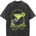 Women's Margarita Print Round Neck Tee, Casual Short Sleeve T-shirt for Daily Wear, Ladies Sleepwear for All Seasons, Top