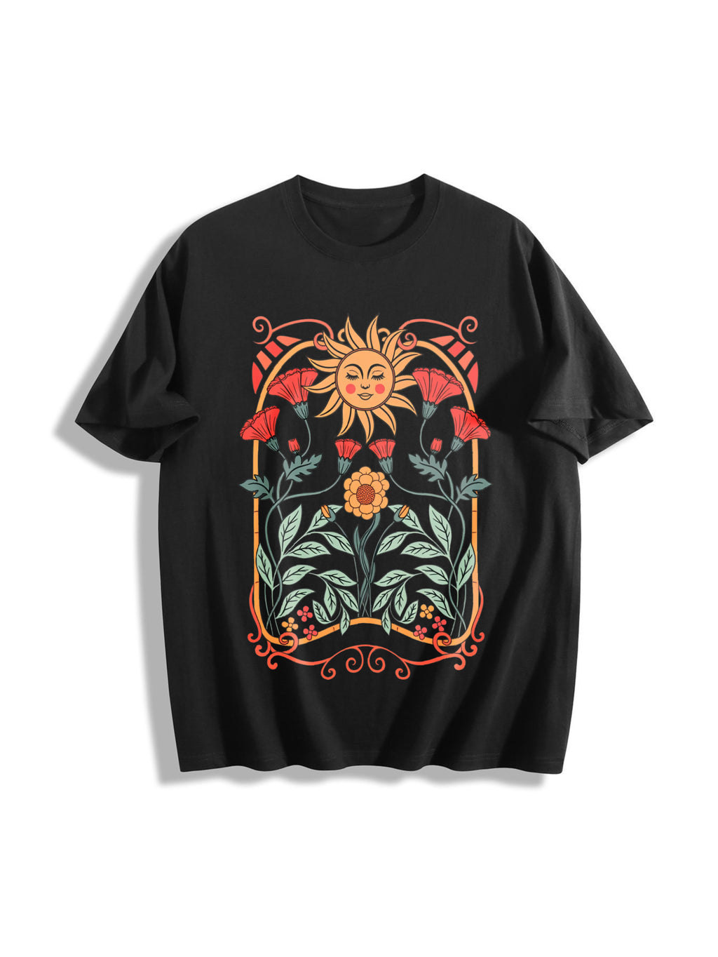 Boho Floral Art Nouveau Cotton T-Shirt - Black