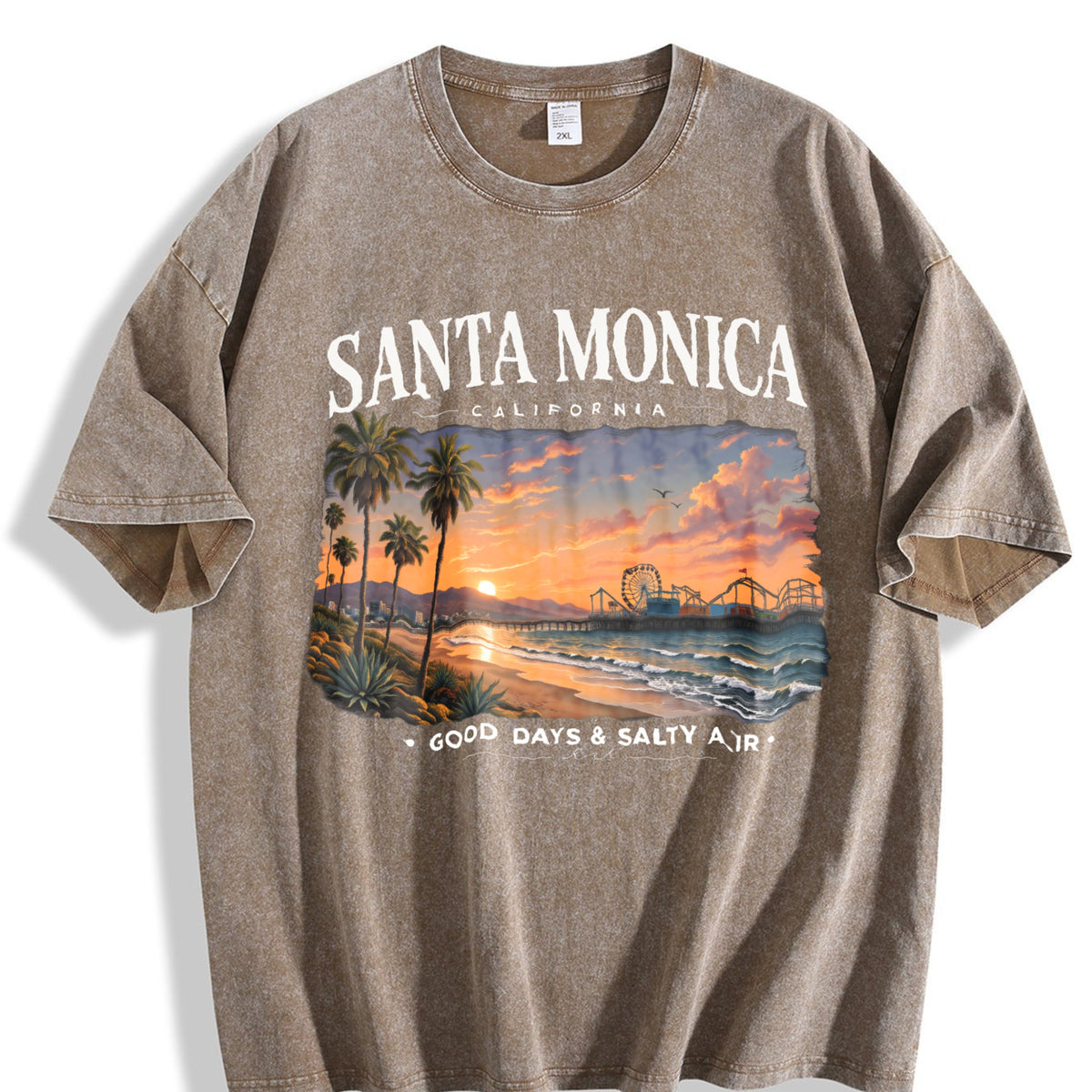 Santa Monica California - Beach Vacation Travel Pier Vintage Washed T-Shirt - product view
