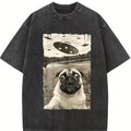 100% Cotton Unisex Vintage Pug UFO Encounters - Funny UFO and Pug Selfie T-Shirt Casual Top